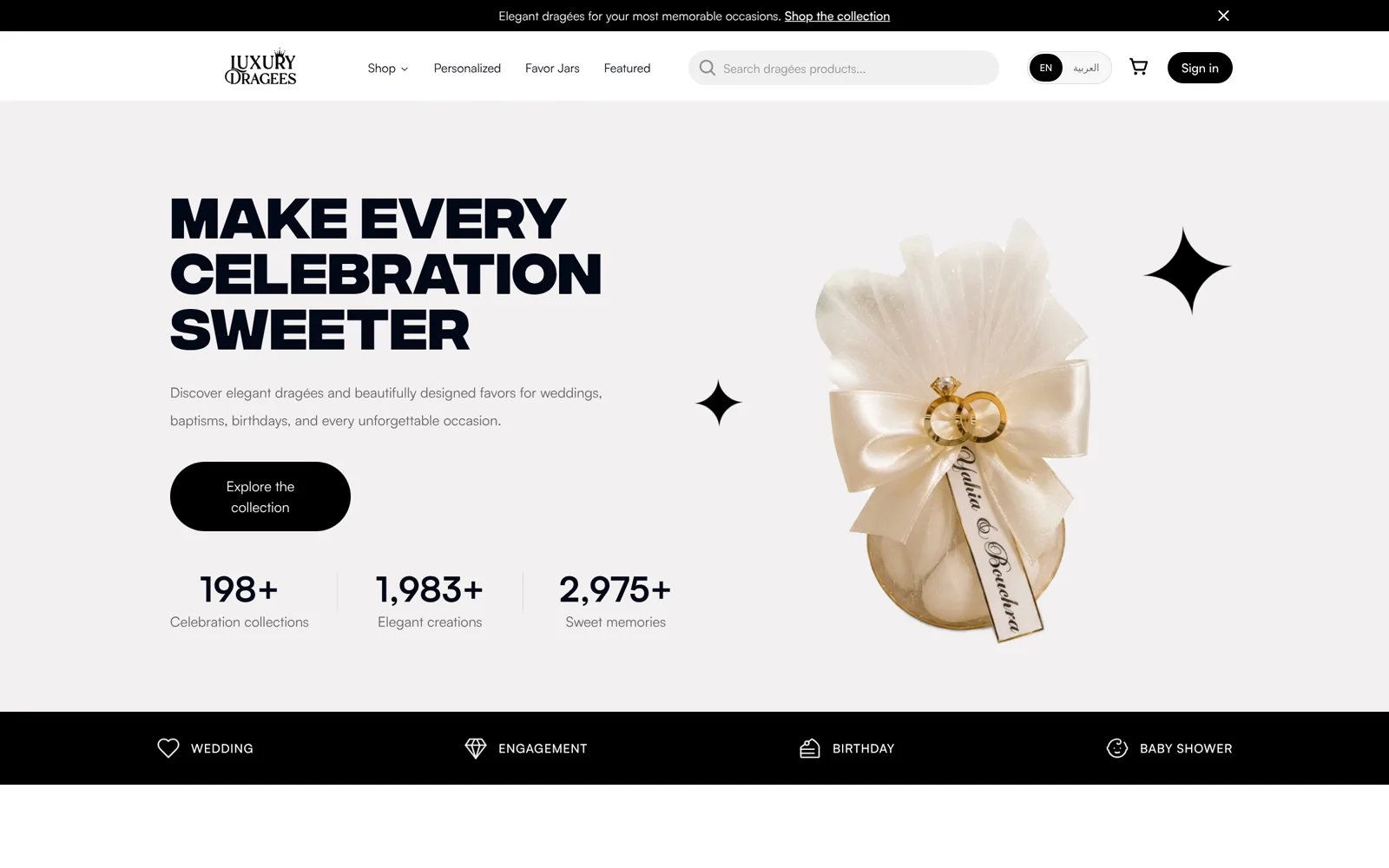 Luxury Dragees storefront homepage with the brand banner and editorial shopping experience