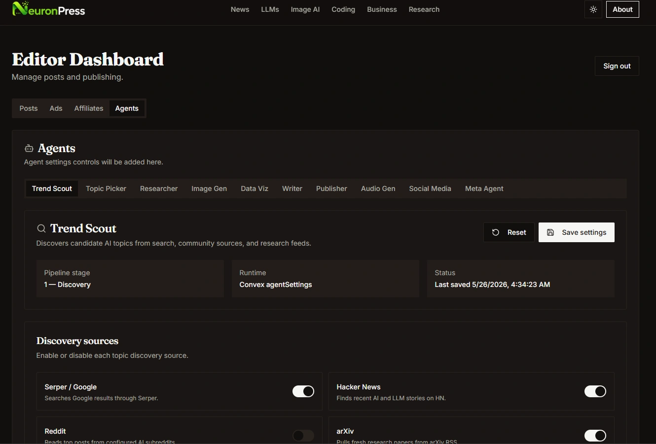 AI agent dashboard for monitoring the autonomous publishing pipeline