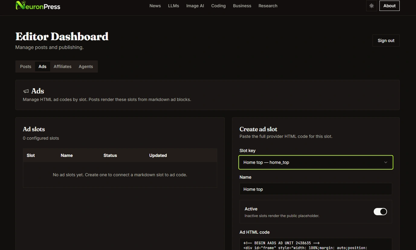 Admin advertising workspace for managing publication placements