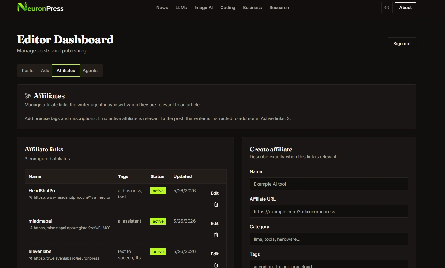 Admin affiliates workspace for managing publication partnerships