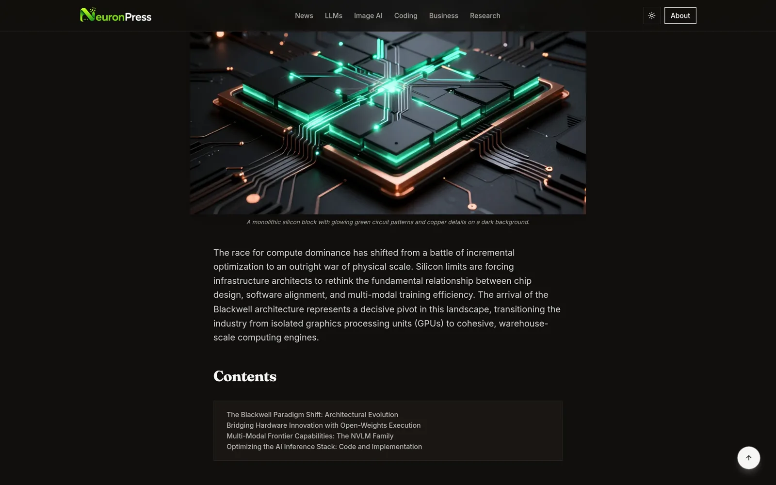 Article page with AI-generated artwork and markdown rendering