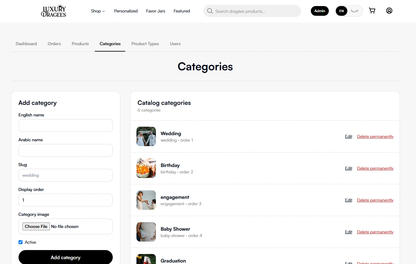 Admin categories view for organizing product collections