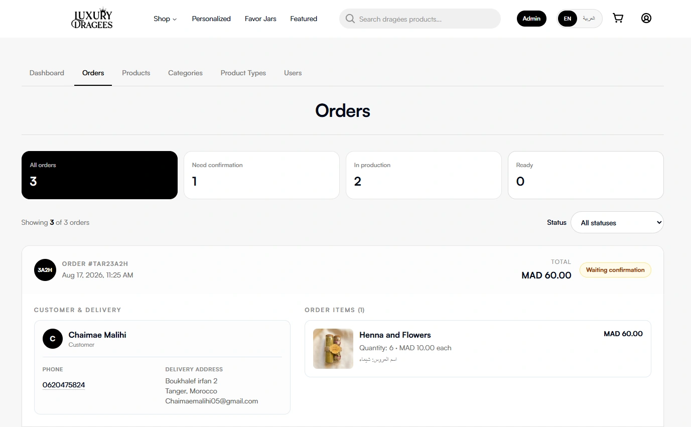 Admin orders view for reviewing customer purchases