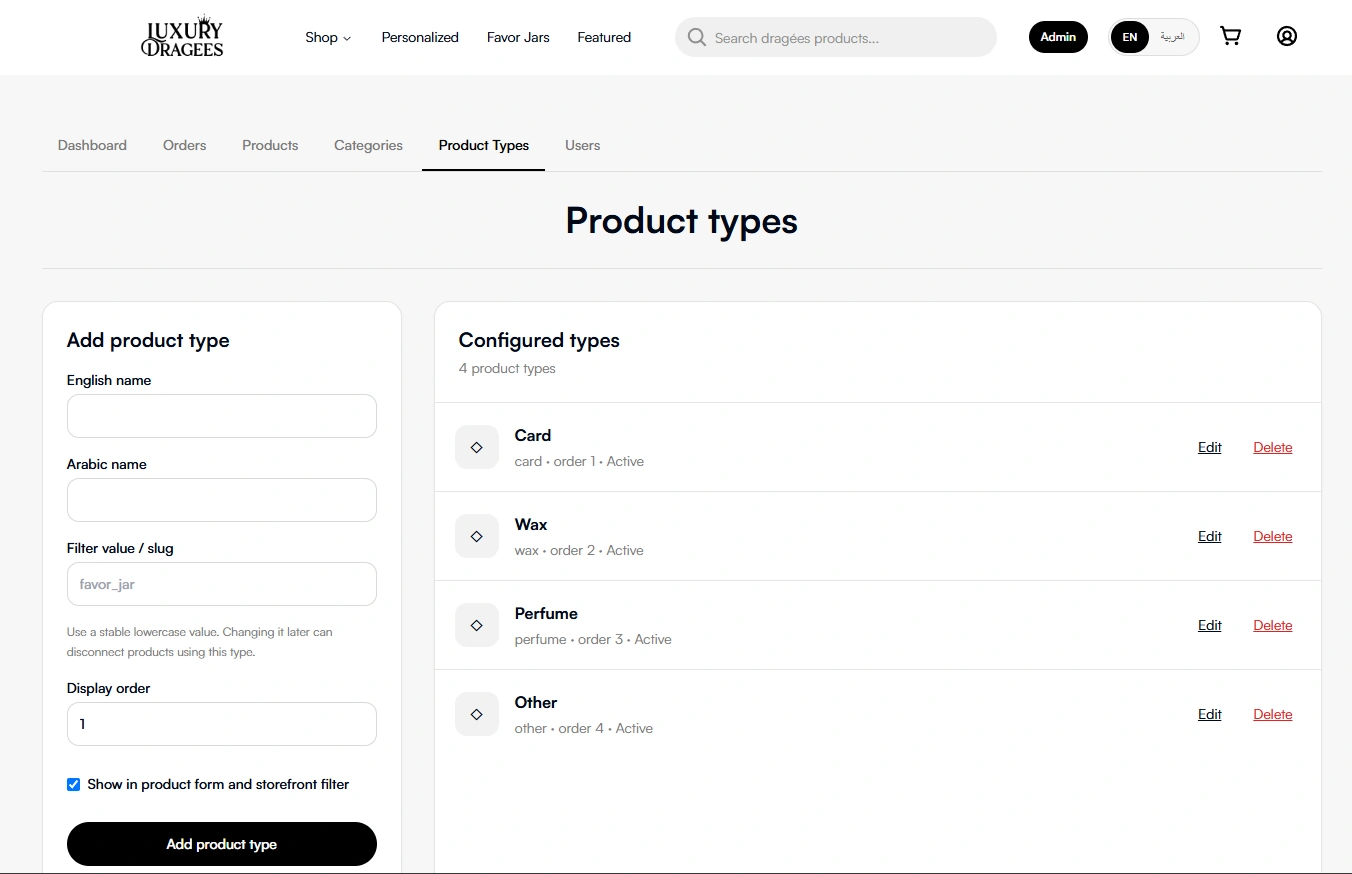 Admin product types view for configuring catalog formats