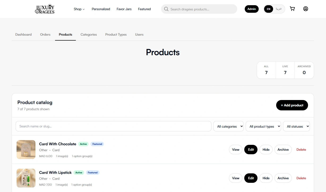 Admin products view for managing the storefront catalog